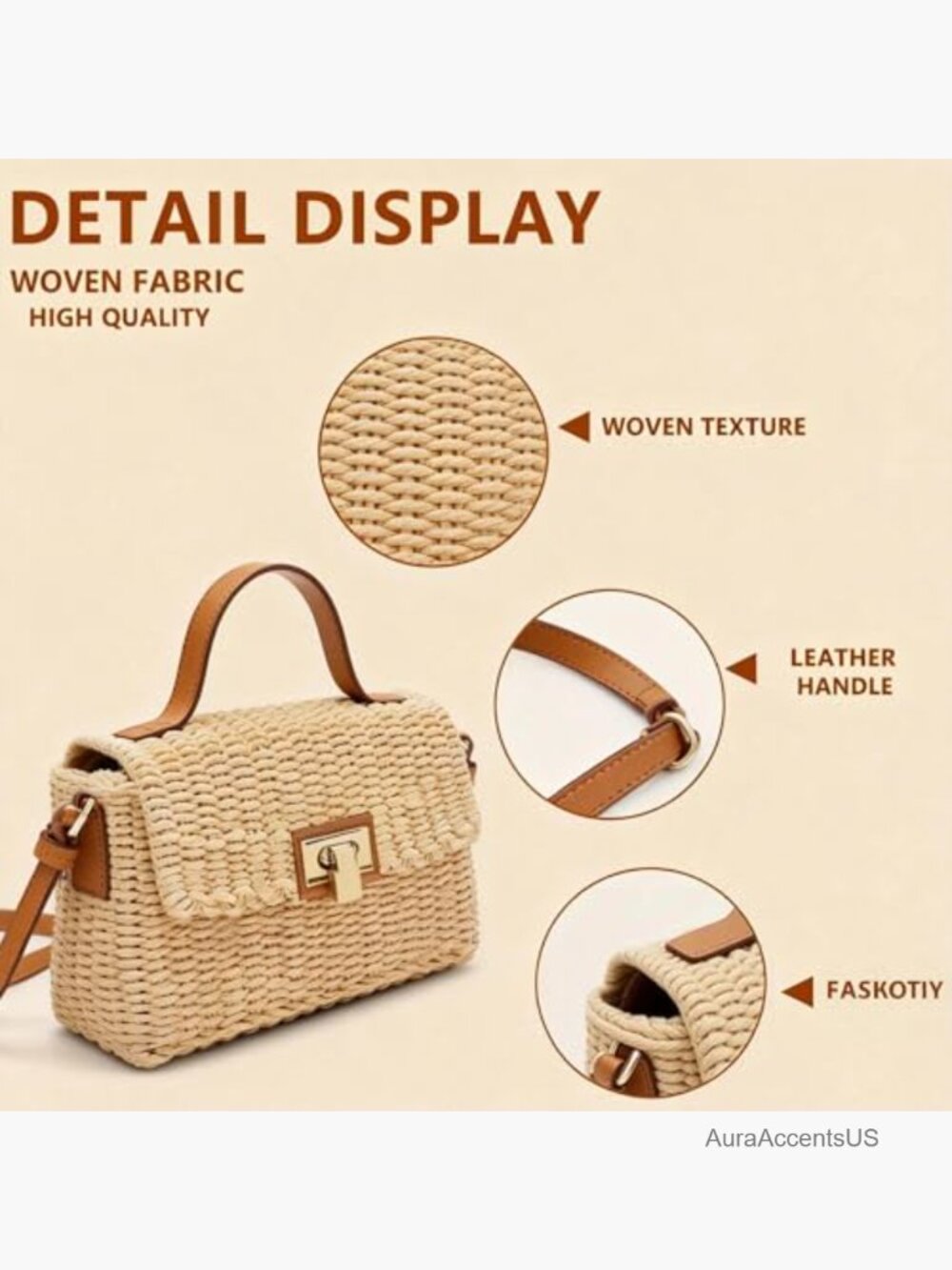 Square Straw Hand-Woven Crossbody Tote for Women Vacation - Picture 5 of 7
